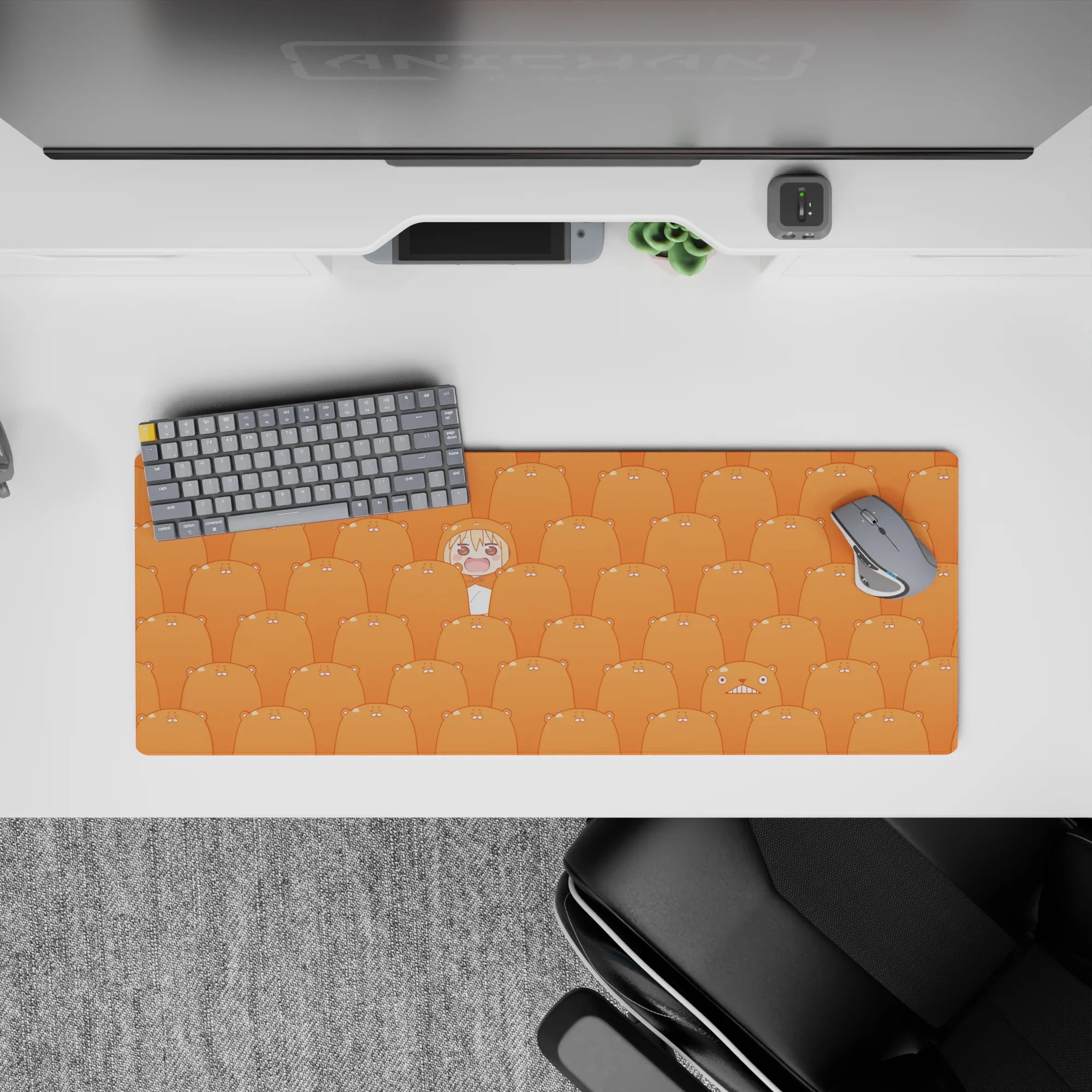 32x12 inches anime desk mat in warm tangerine tones, bright smooth surface, cute comfy vibe for long nights.