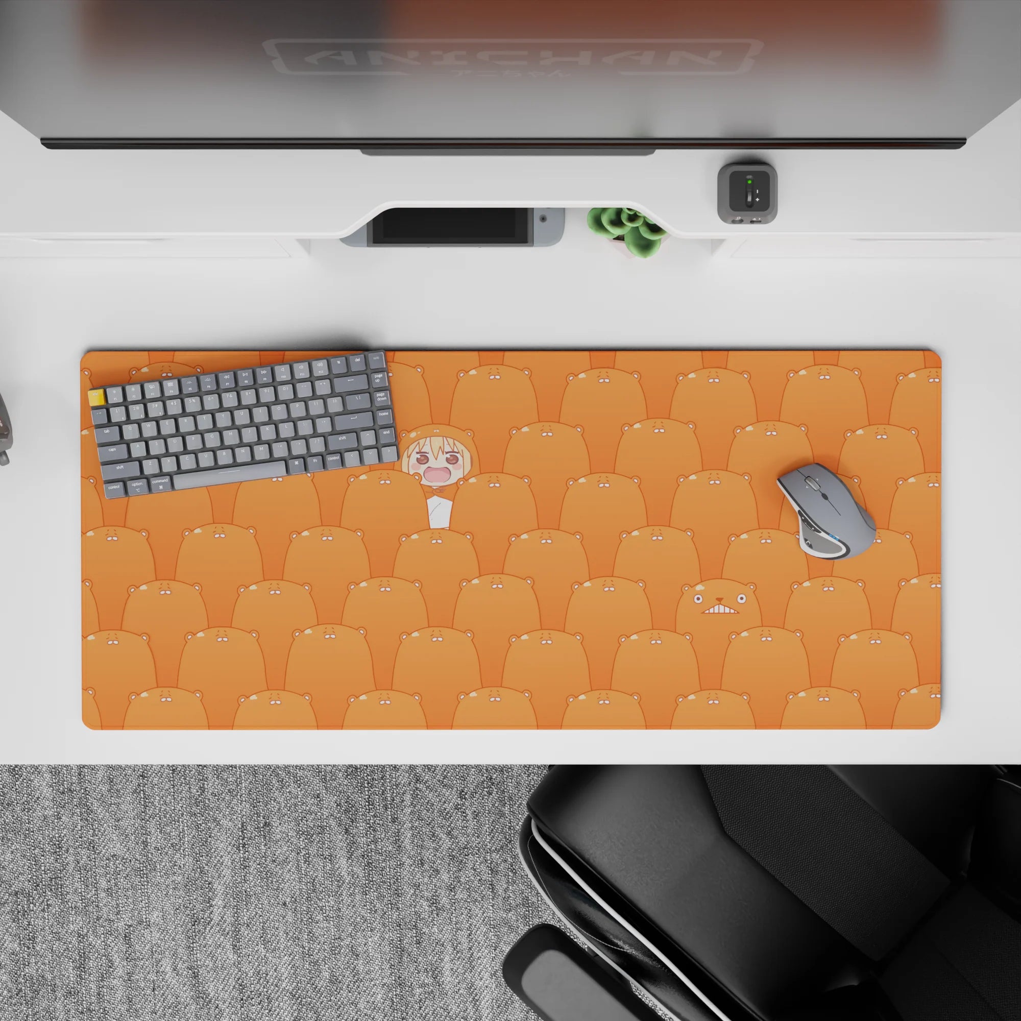 Warm tangerine anime desk pad 36x16 inches, cozy cute vibe with bright orange tones for long nights.