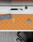 Warm tangerine anime desk pad 36x16 inches, cozy cute vibe with bright orange tones for long nights.