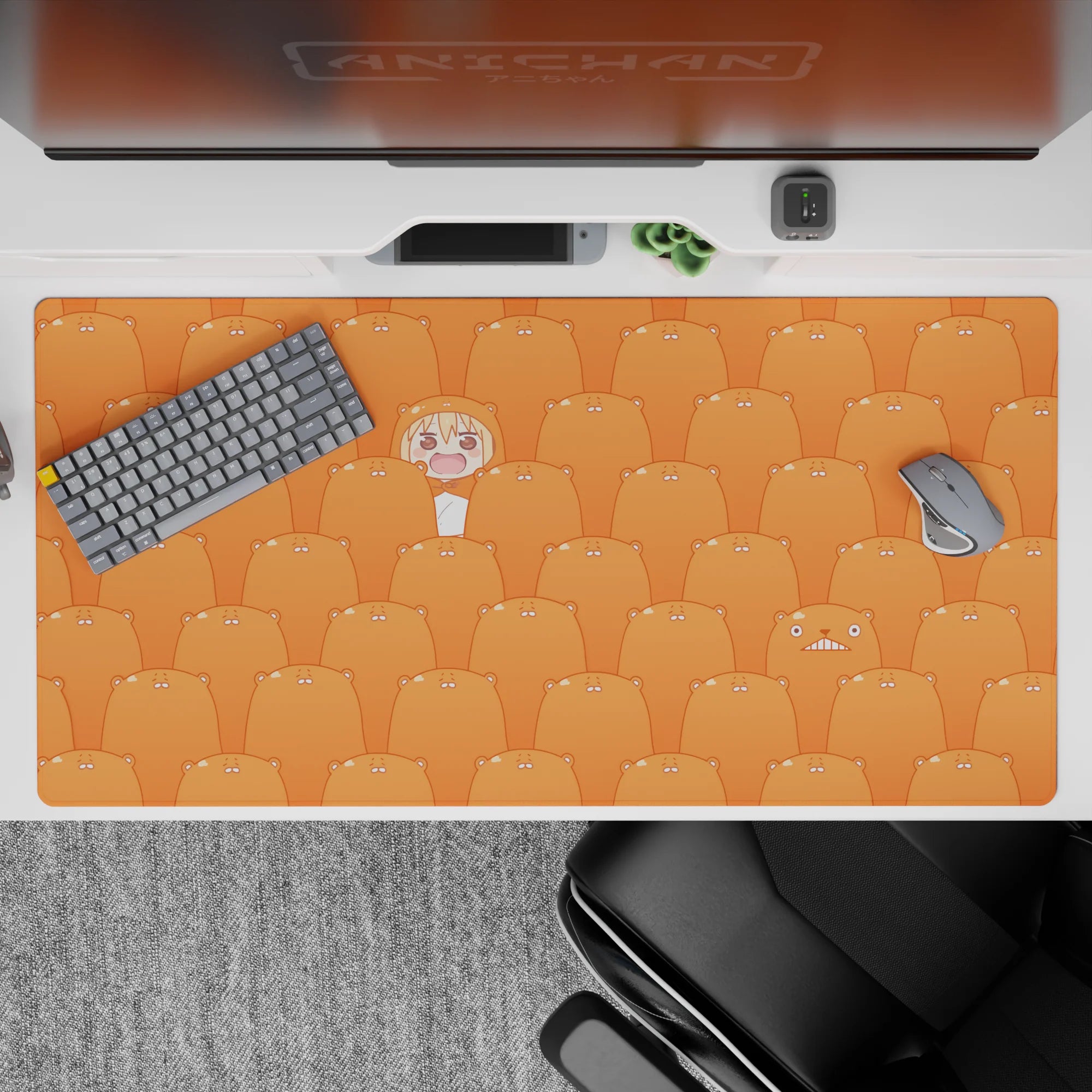 Warm tangerine anime desk pad 40x20 inches, bright cozy vibe with cute repeating hamsters.