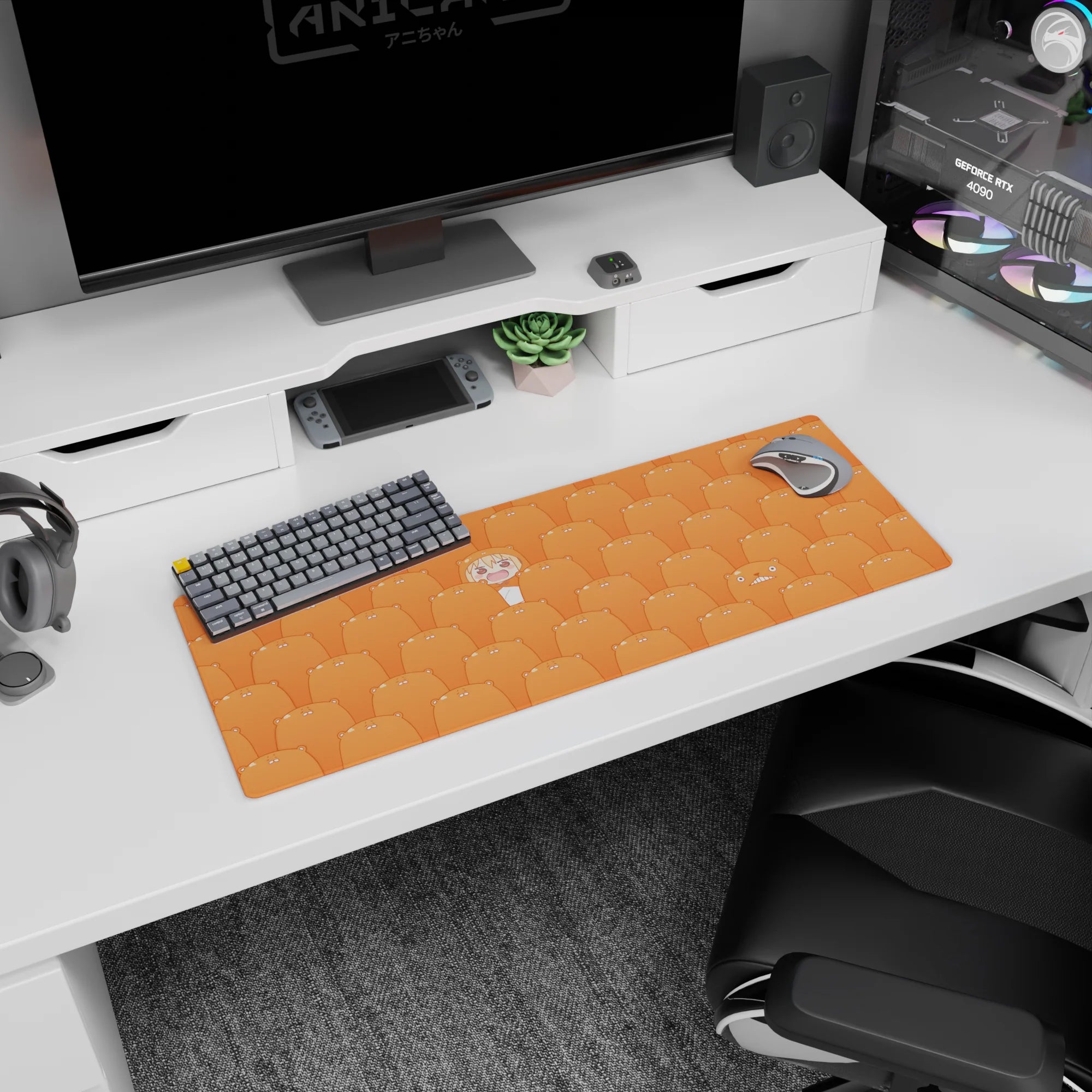 32x12 inches anime mouse pad showing a tiny rosy-cheeked girl popping up among a sea of sleepy hamsters.