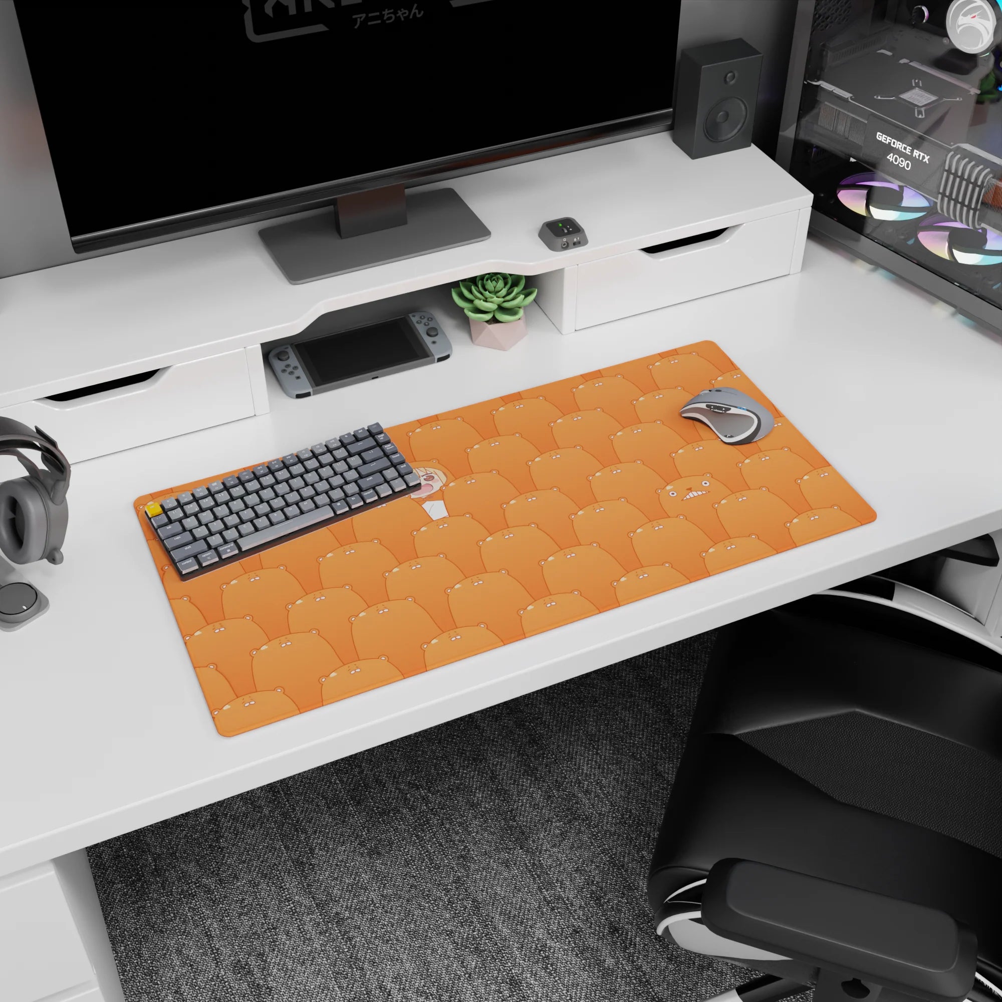 32x16 inches anime mouse pad showing a tiny scarfed girl with rosy cheeks rising from a sea of sleepy hamsters.