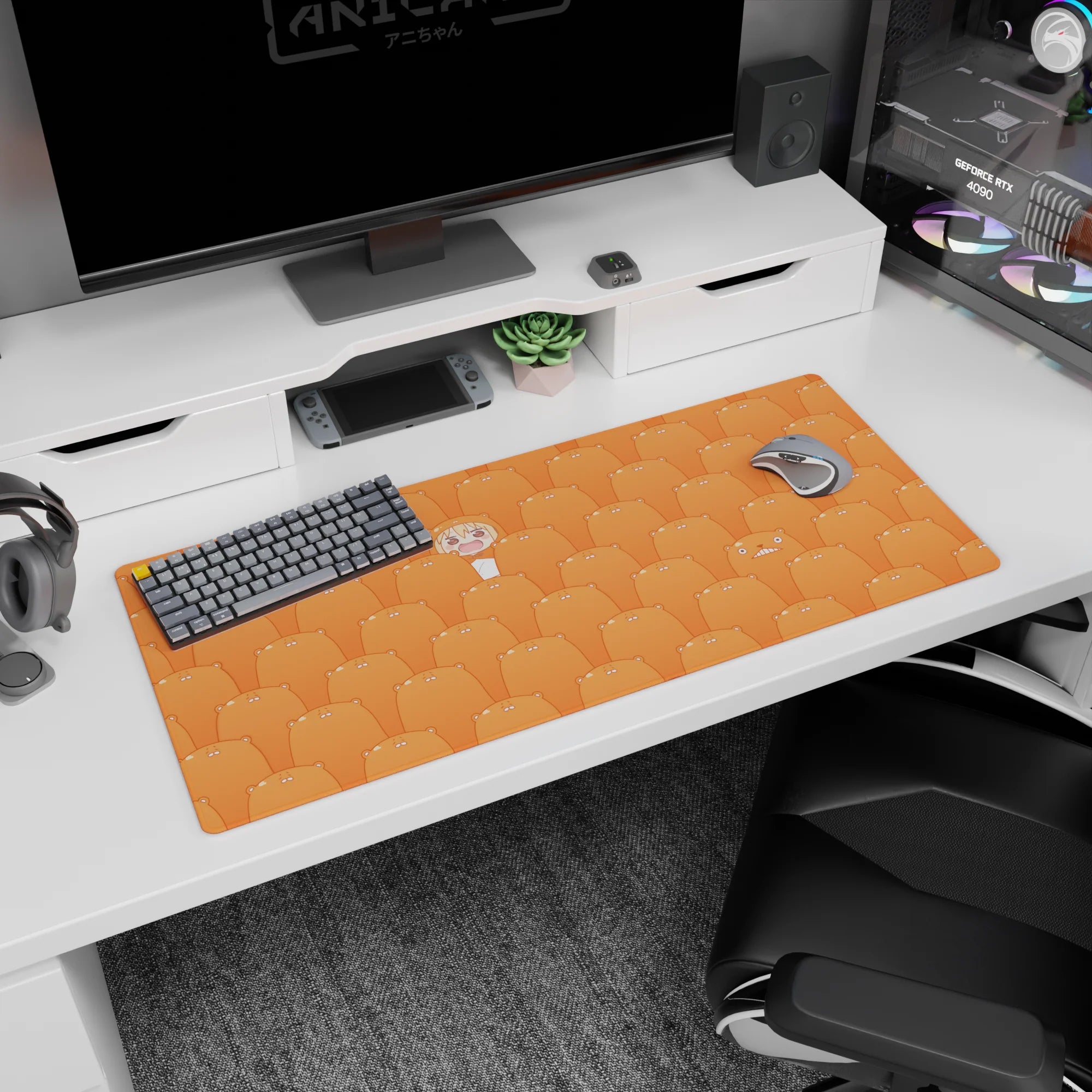 Desk pad 36x16 inches showing a tiny scarfed anime girl popping up among sleepy orange hamsters.