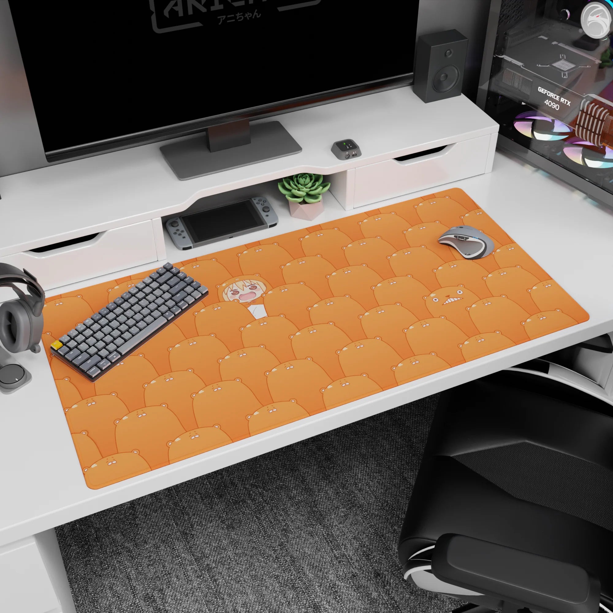 40x20 inches anime desk pad showing a tiny rosy-cheek girl among sleepy orange hamsters on a desk.