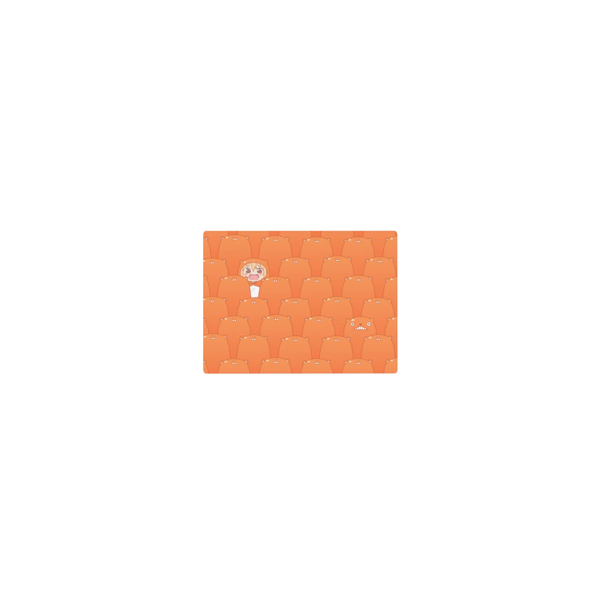 Classic anime mouse pad 14x10 inches with repeating sleepy orange hamsters and a smiling girl in scarf.