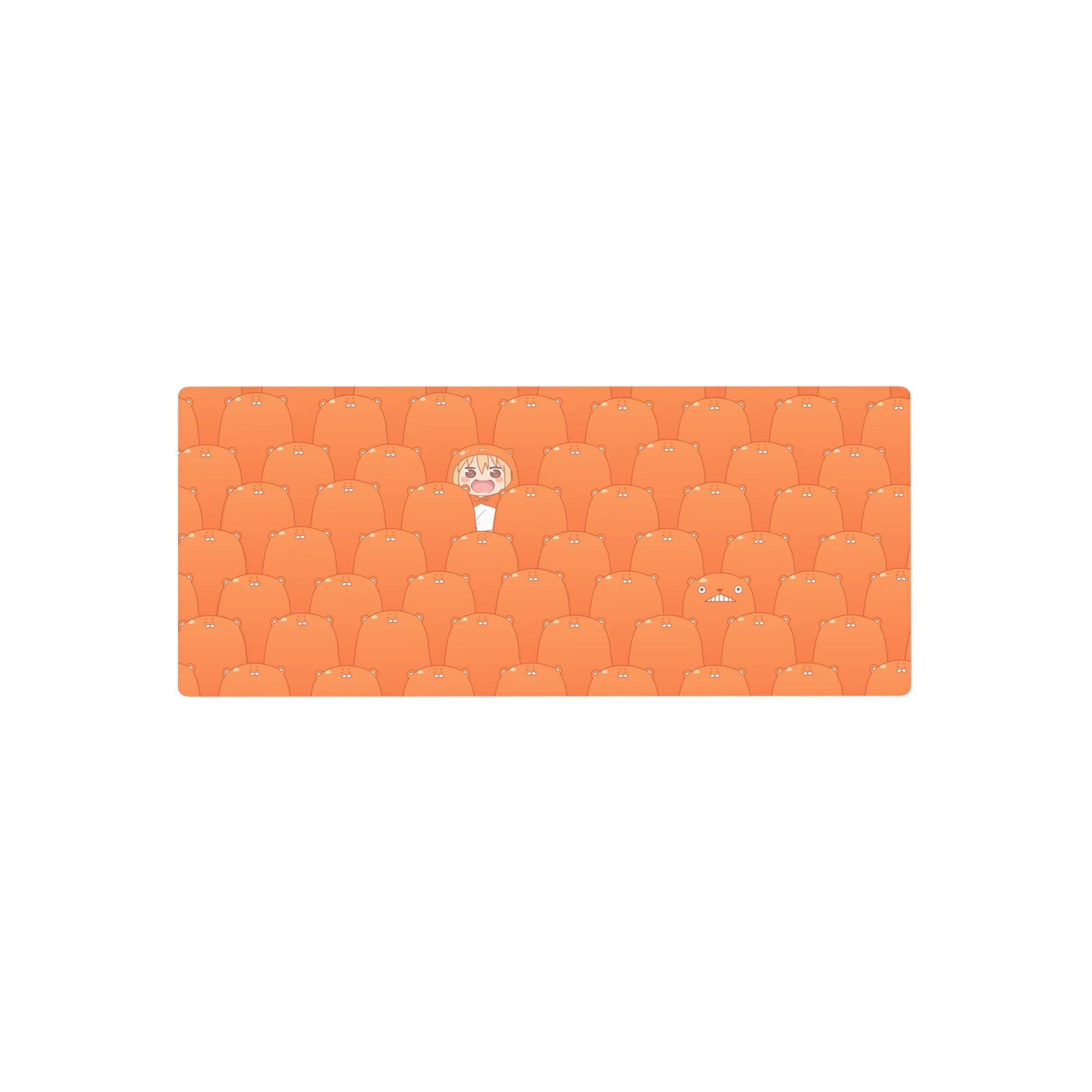 28x12 inches anime mouse pad with repeating orange hamsters and a grinning girl popping up on desk.