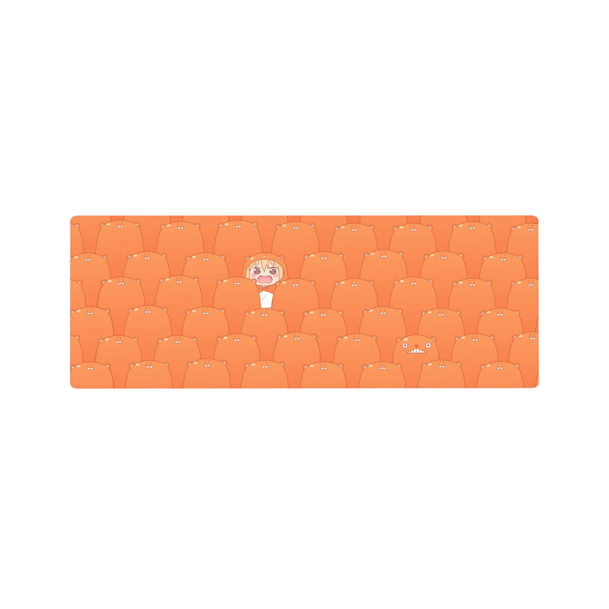 32x12 inches anime mouse pad with repeating sleepy orange hamsters and a grinning girl in a cozy scarf pattern.