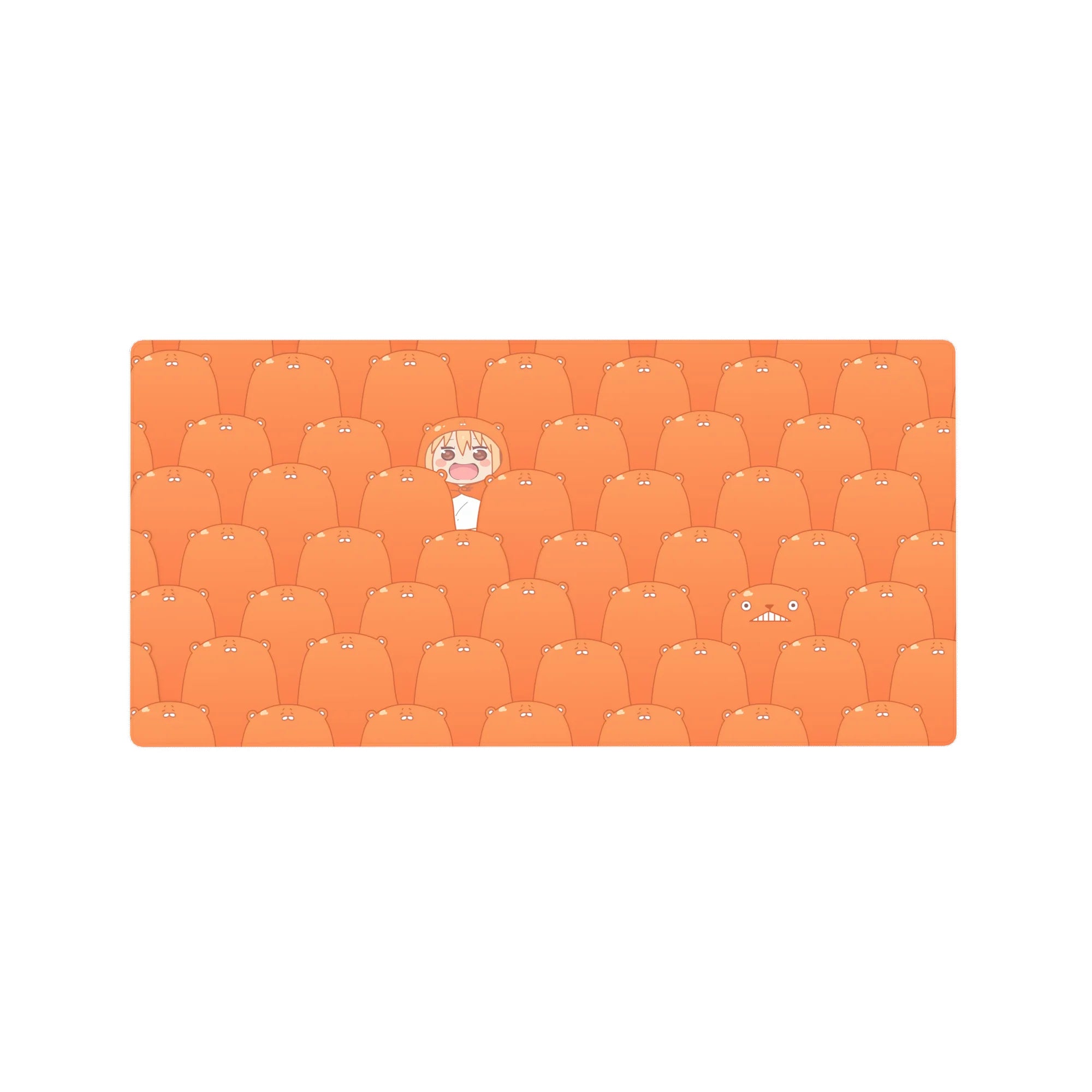 32x16 inches anime mouse pad with repeating orange hamsters and a smiling girl popping up on a desk pattern.