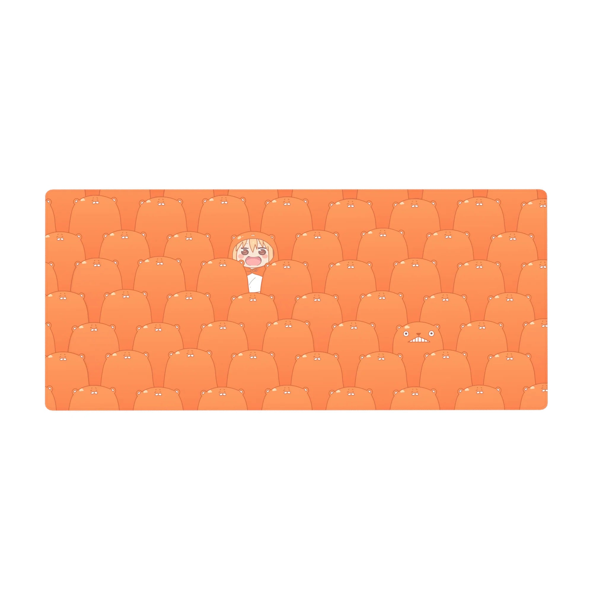 Anime desk pad 36x16 inches with repeating sleepy orange hamsters and a grinning girl in the pattern.