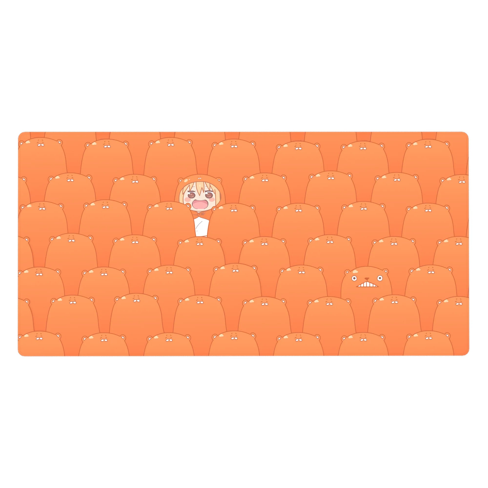 Anime desk pad 40x20 inches with orange hamster pattern and a grinning girl in a scarf popping up.