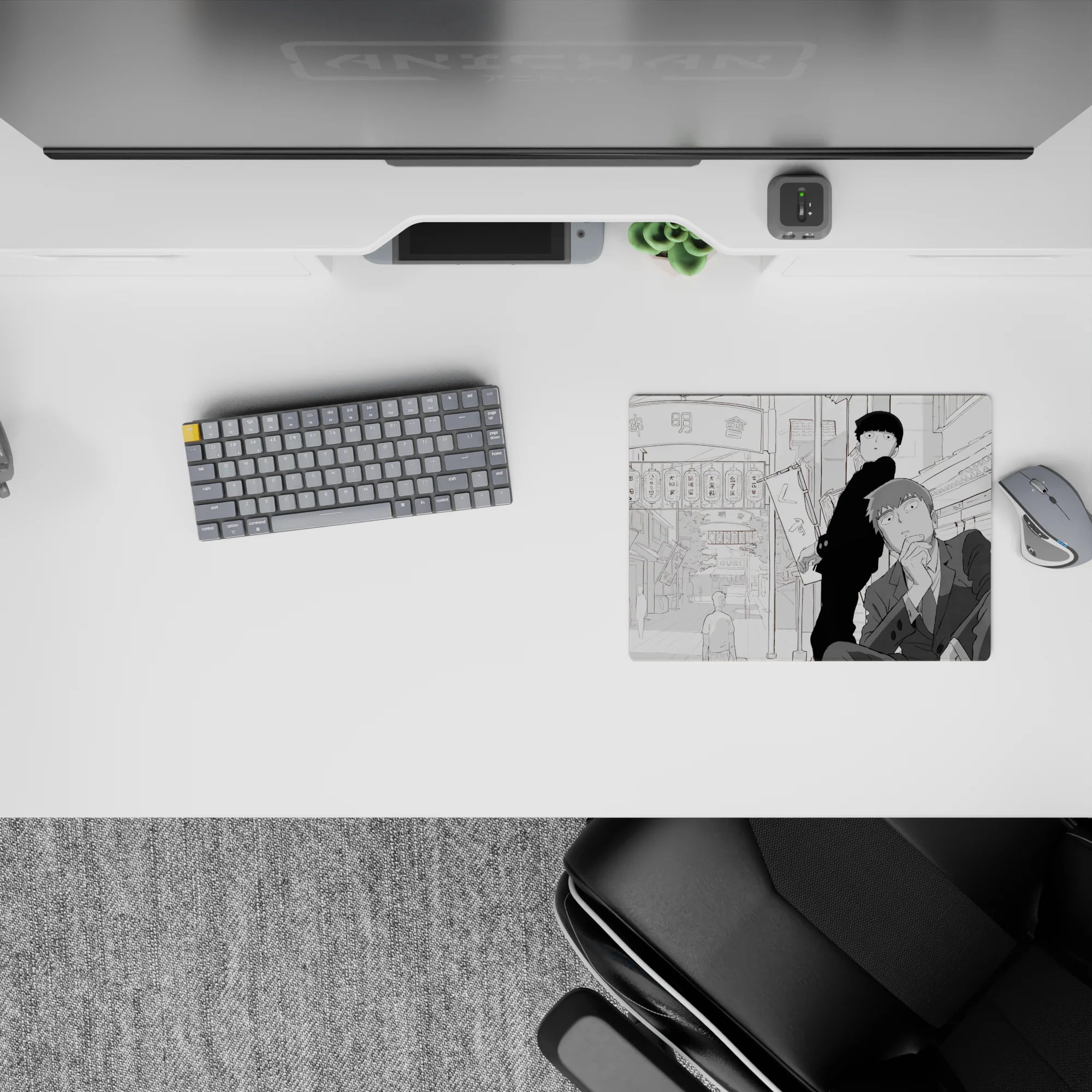 Grayscale anime mouse pad 14x10 inches with calm, airy city backdrop and bold shading, clean modern mood.