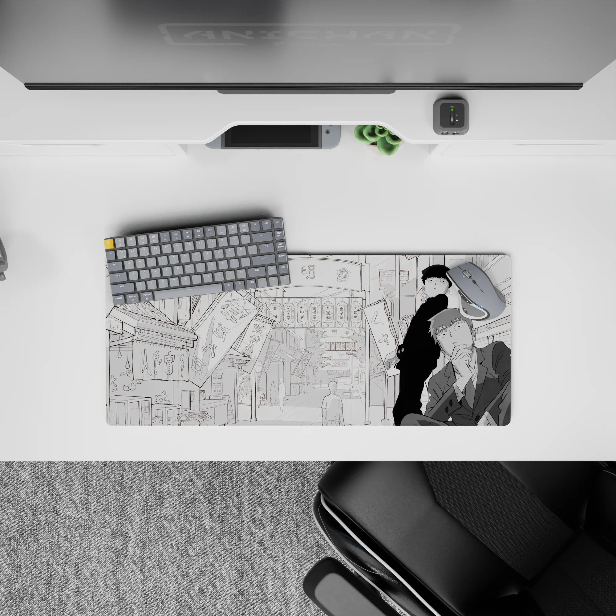 28x12 inches grayscale anime mouse pad with calm city vibe, airy background, and bold shaded characters.