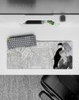 28x12 inches grayscale anime mouse pad with calm city vibe, airy background, and bold shaded characters.