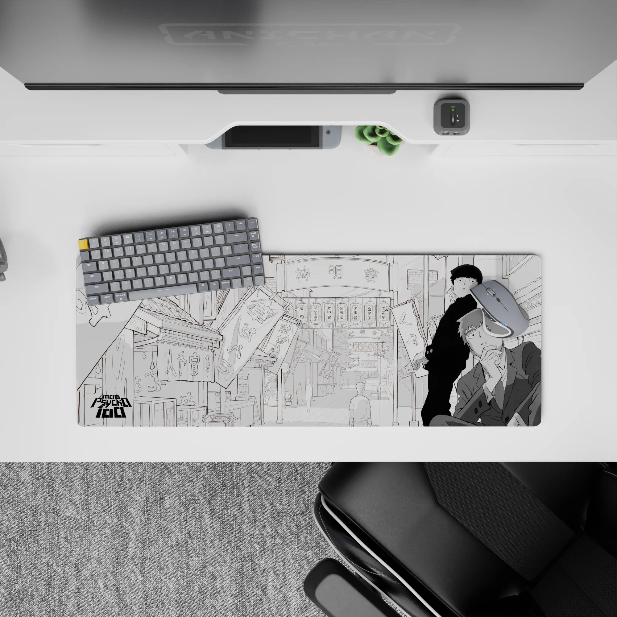 32x12 inches grayscale anime mouse pad with calm, airy city backdrop and bold shading contrast.
