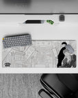 32x12 inches grayscale anime mouse pad with calm, airy city backdrop and bold shading contrast.