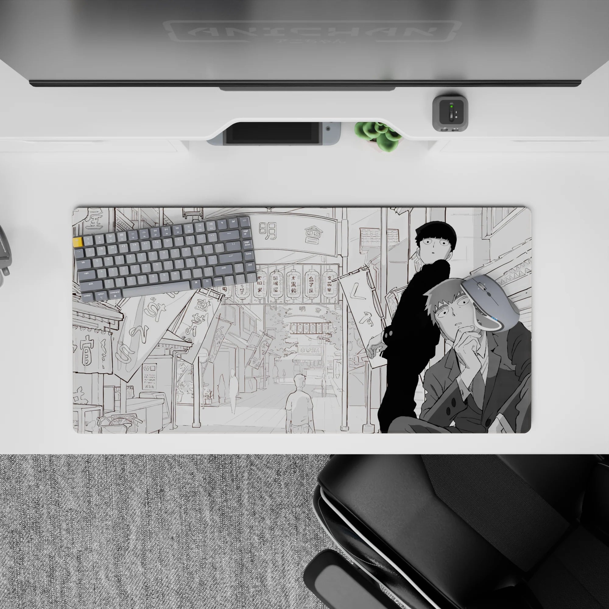 32x16 inches grayscale anime mouse pad, calm noir mood with airy city backdrop and sharp shading.