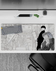 32x16 inches grayscale anime mouse pad, calm noir mood with airy city backdrop and sharp shading.