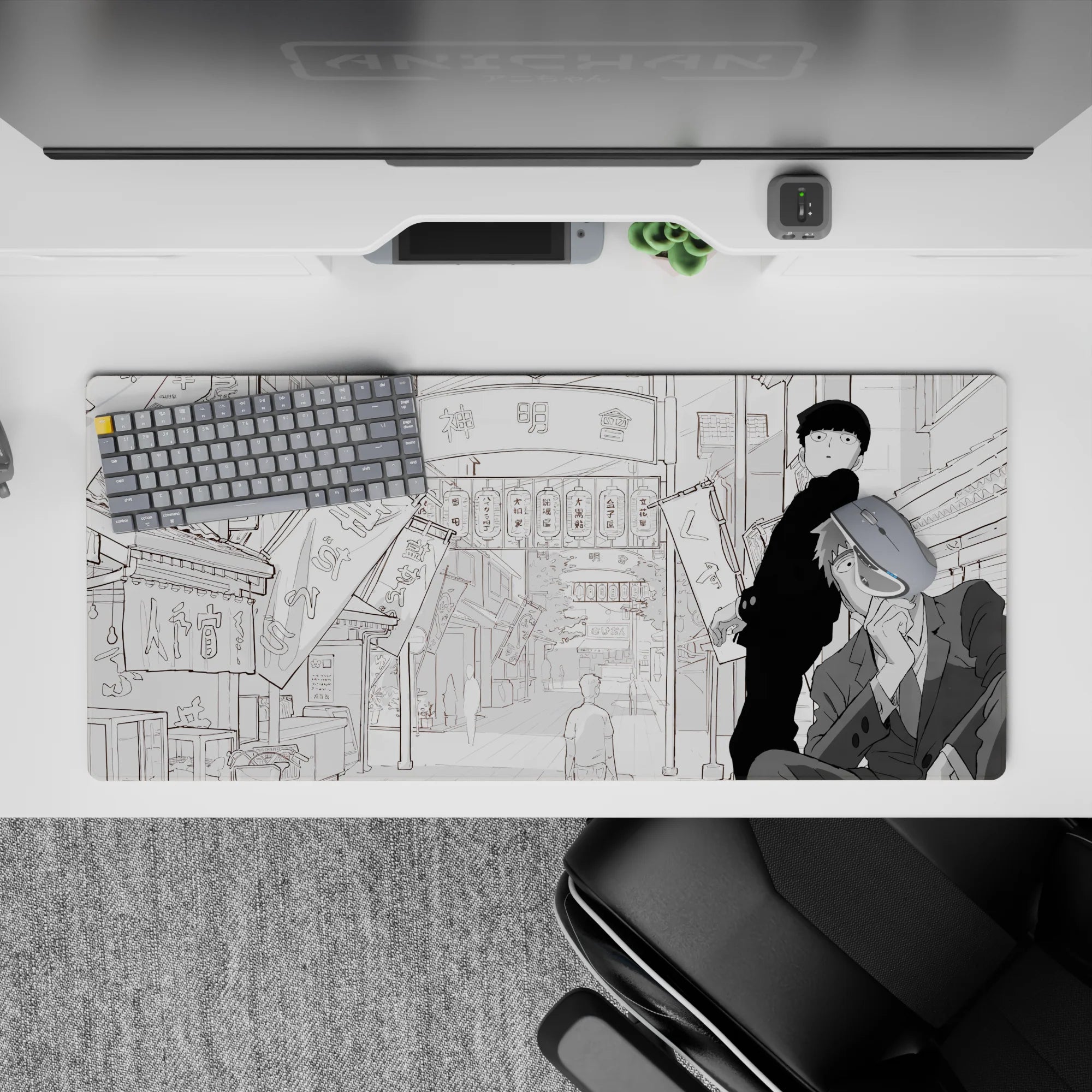 36x16 inches grayscale anime desk pad, calm chaotic mood with airy city backdrop and bold shading.