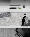 36x16 inches grayscale anime desk pad, calm chaotic mood with airy city backdrop and bold shading.
