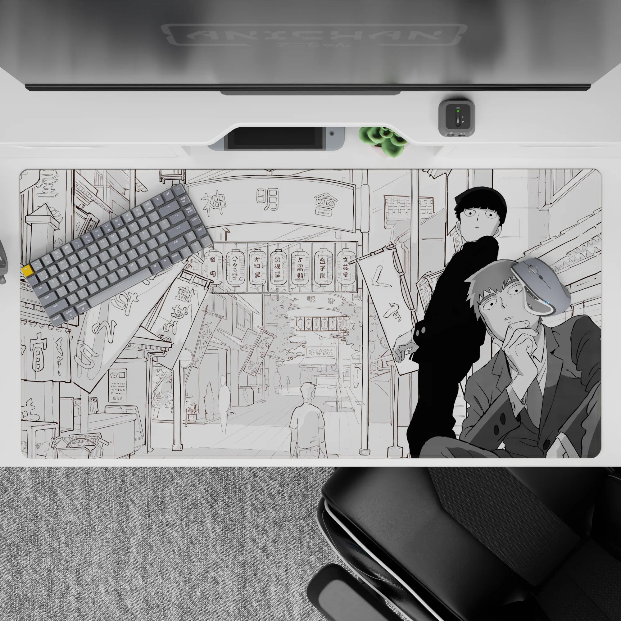 40x20 inches grayscale anime desk pad, calm noir city vibe with airy backdrop and bold shaded characters.