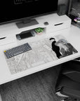 32x16 inches anime mouse pad showing stoic teen in black uniform and suited man in deadpan street scene.