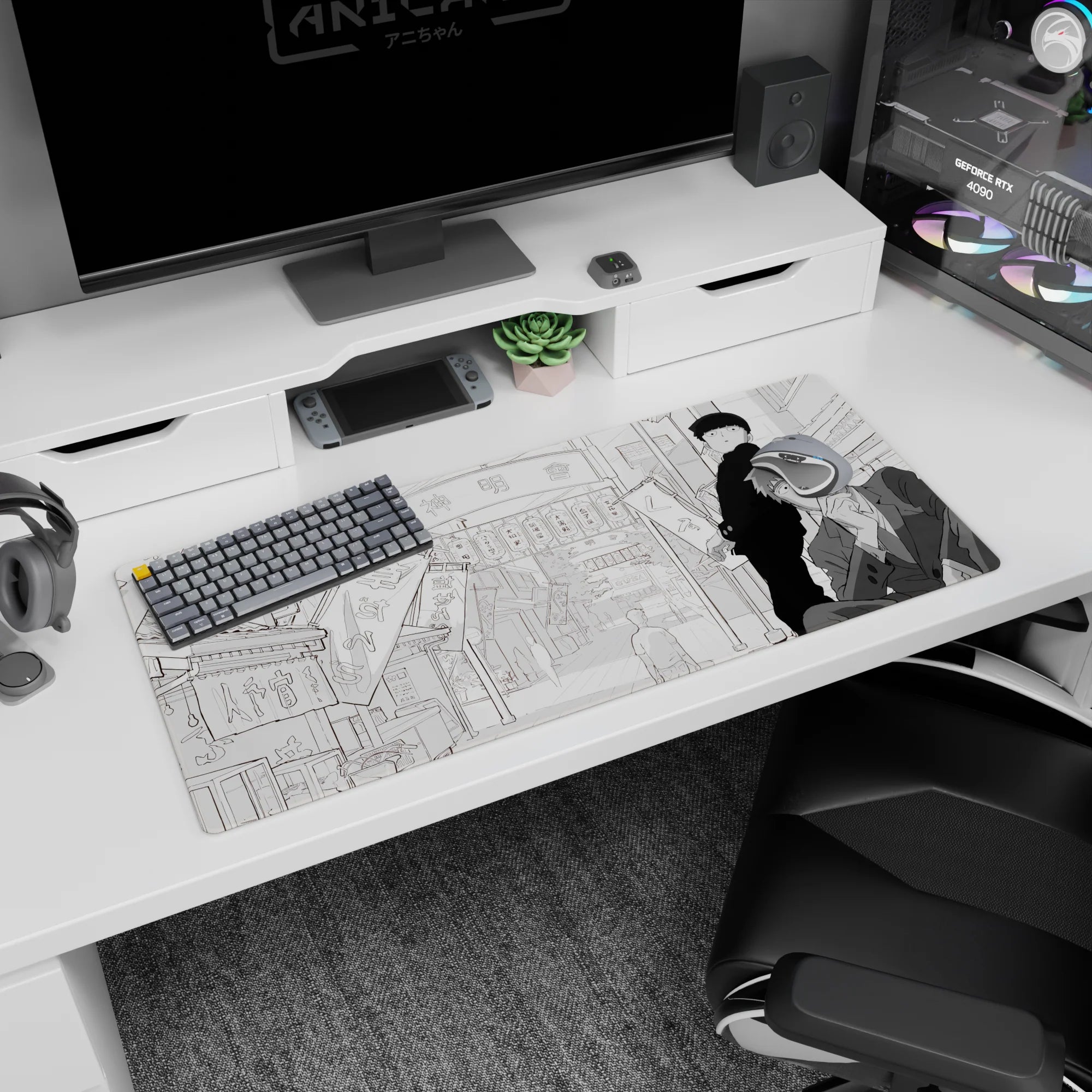 36x16 inches anime desk pad showing stoic teen in black uniform and deadpan suited man on a street.