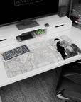 36x16 inches anime desk pad showing stoic teen in black uniform and deadpan suited man on a street.