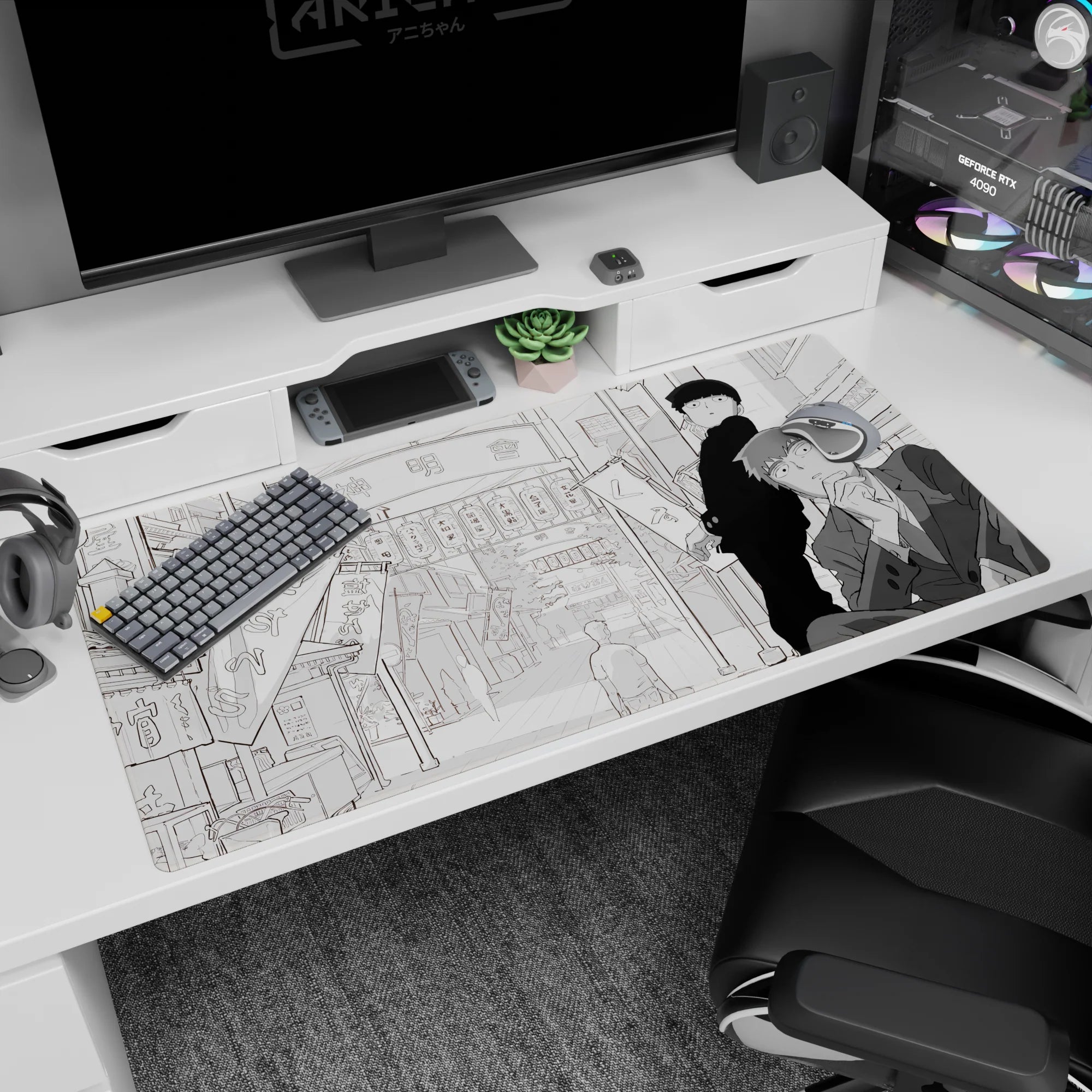 40x20 inches anime desk pad featuring stoic schoolboy and deadpan suited man on a lantern-lit street scene.