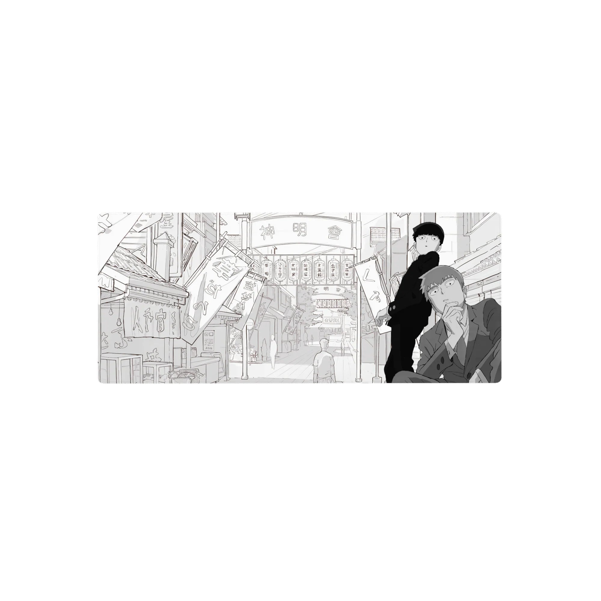 28x12 inches anime mouse pad with manga-style shopping street, lantern signs, banners, and crisp linework.