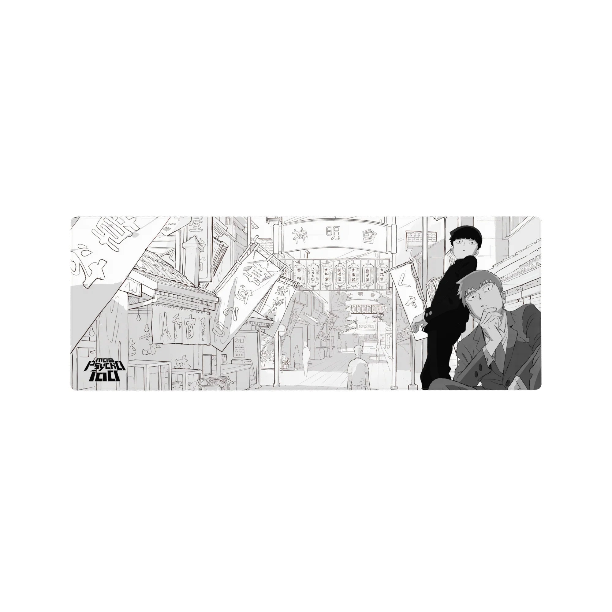 32x12 inches anime mouse pad with manga-style shopping street, lantern signs, banners, and crisp linework.