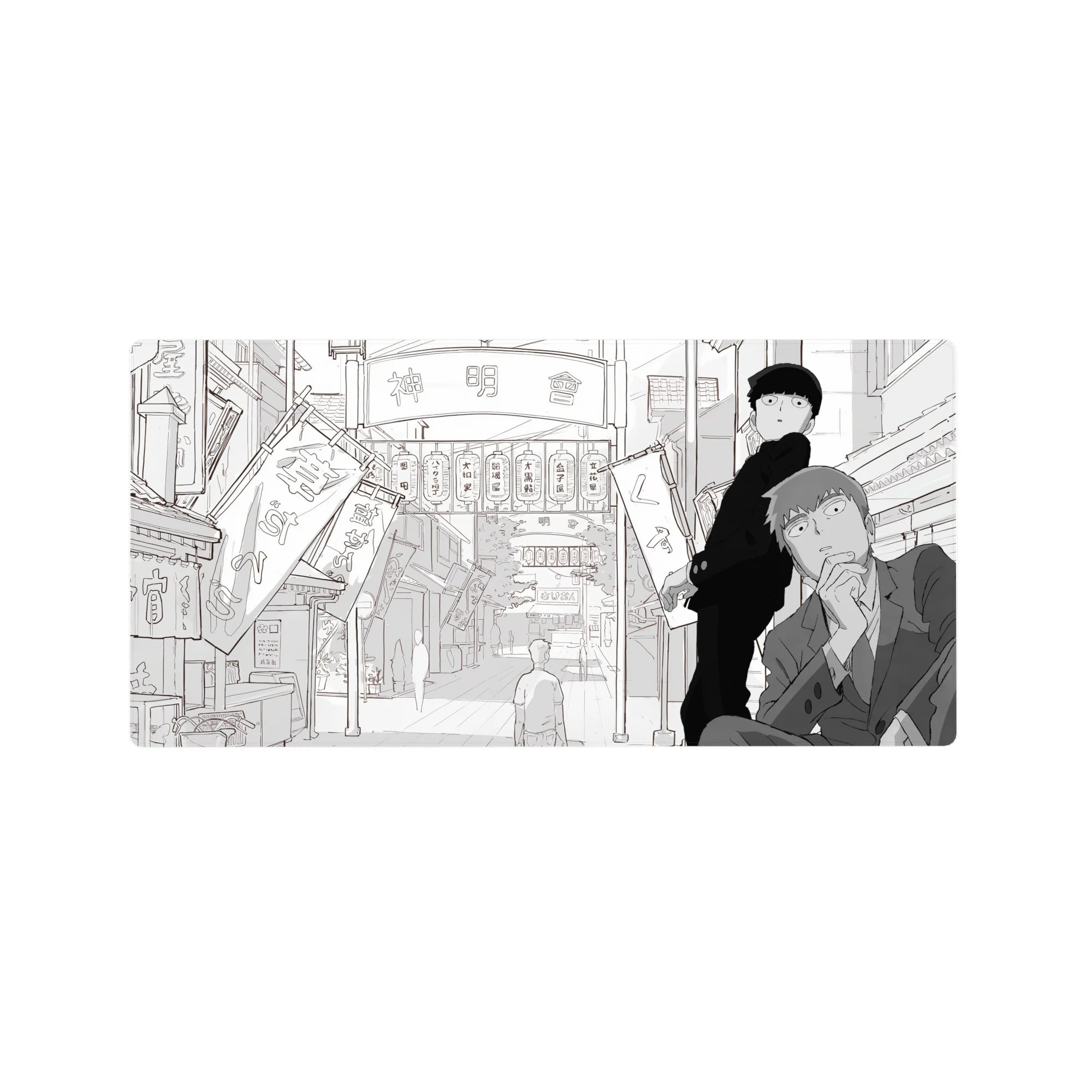 32x16 inches anime mouse pad with manga-style shopping street, lantern signs, banners, crisp grayscale linework.
