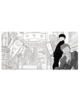 32x16 inches anime mouse pad with manga-style shopping street, lantern signs, banners, crisp grayscale linework.