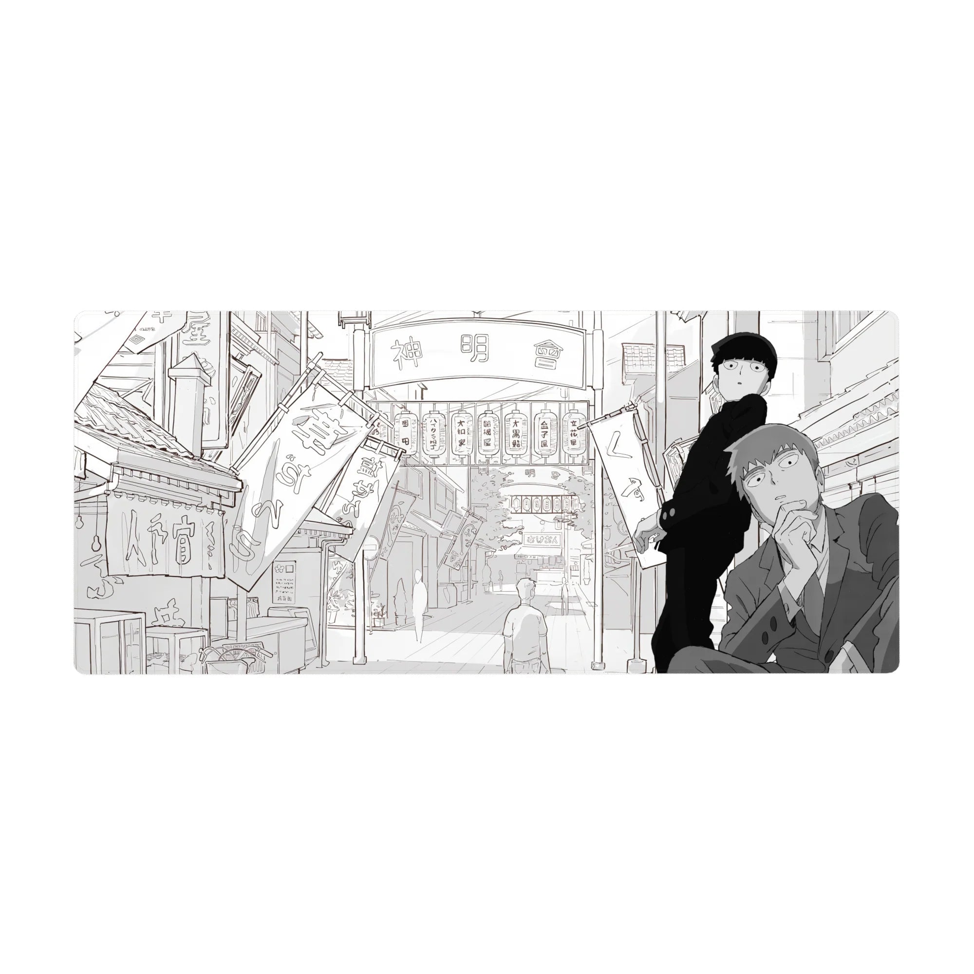 36x16 inches anime desk pad with manga-style shopping street, lantern signs, banners, crisp linework.