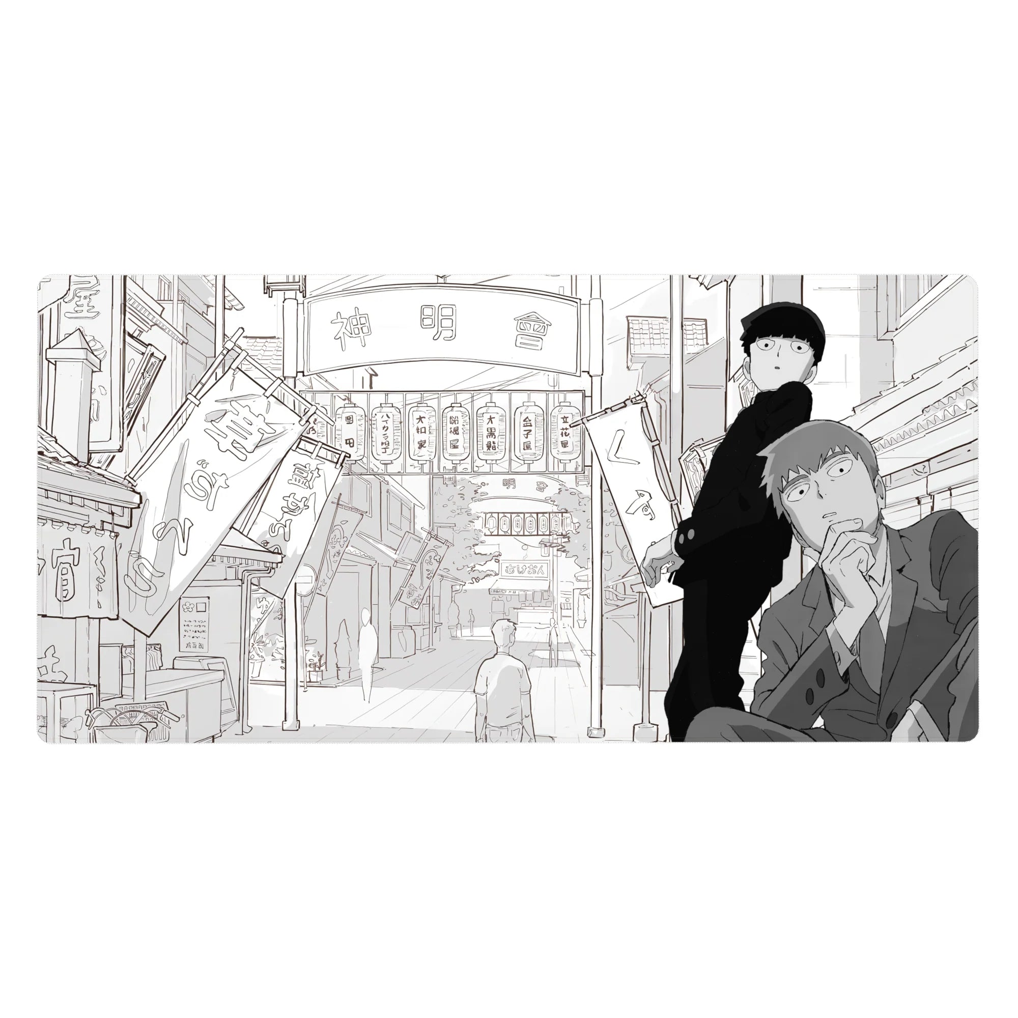 40x20 inches anime desk pad, manga-style shopping street with lantern signs, banners, and crisp linework.