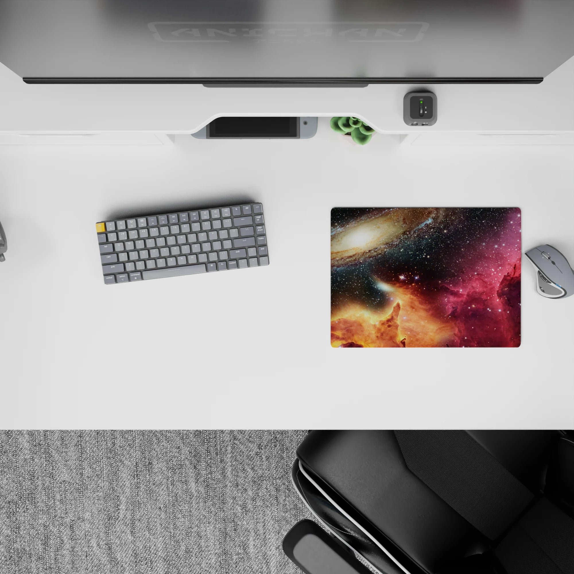 Nebula-toned classic mouse pad 14x10 inches in navy, starry black, magenta haze, warm gold horizon.