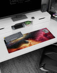 Spiral galaxy and star-speckled space scene mouse pad 32x12 inches with nebula clouds above.