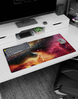 Spiral galaxy hovering over a star-speckled sky mouse pad, 32x16 inches, with glowing nebula scene.