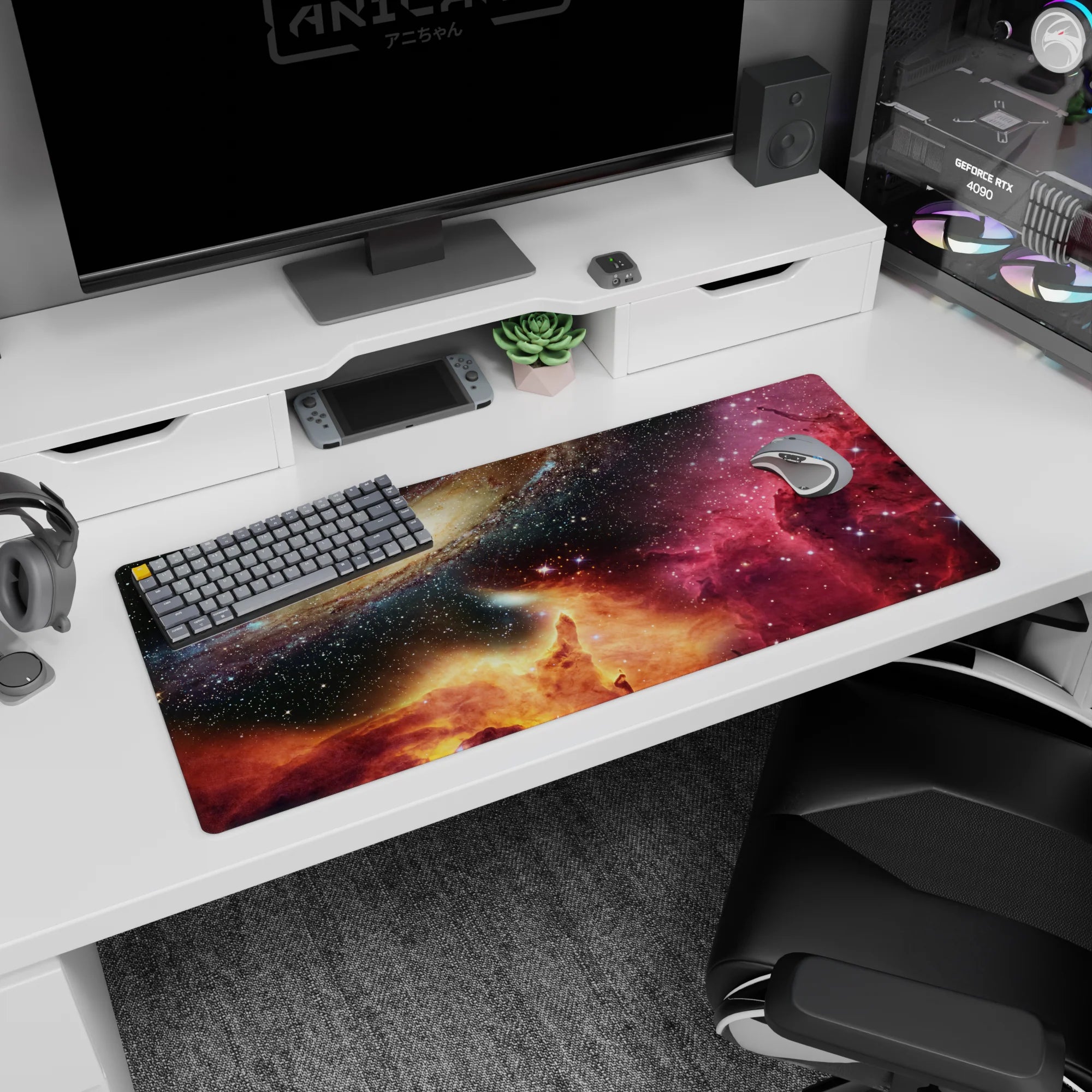Spiral galaxy scene desk pad 36x16 inches with star-speckled sky and glowing horizon.