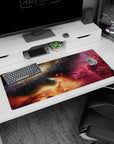 Spiral galaxy scene desk pad 36x16 inches with star-speckled sky and glowing horizon.