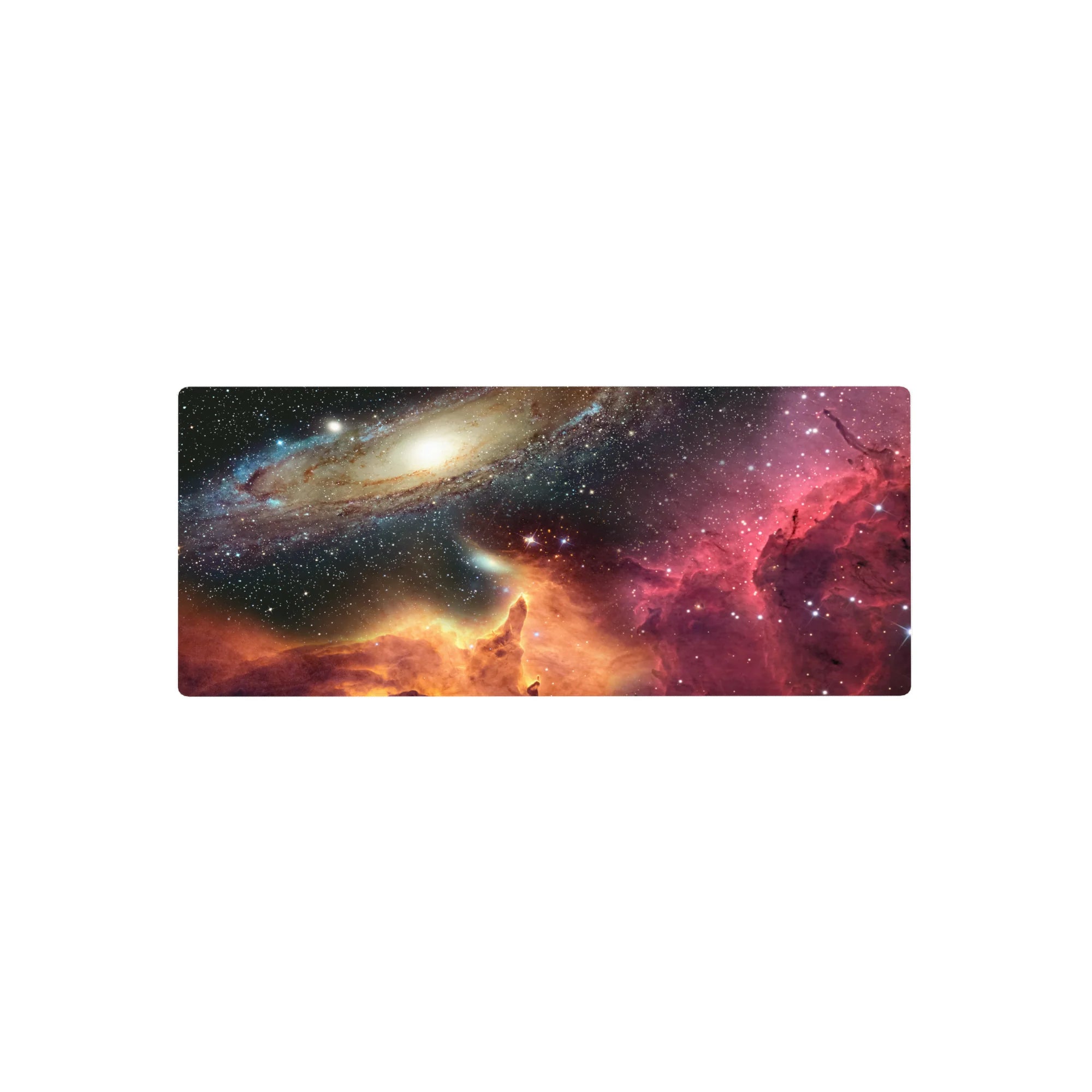 Galaxy swirl desk mouse pad 28x12 inches with nebula horizon glow and starry space design.
