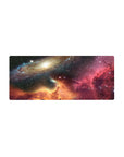 Galaxy swirl desk mouse pad 28x12 inches with nebula horizon glow and starry space design.
