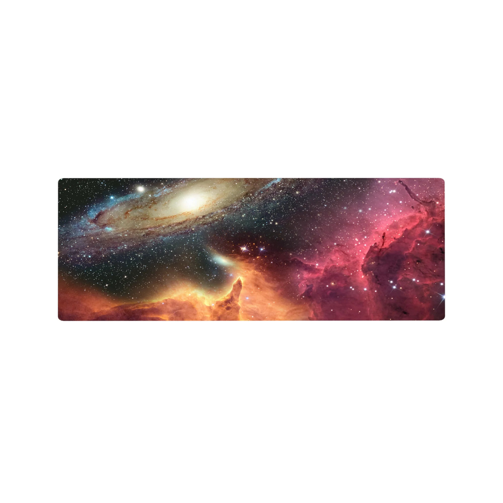 Cosmic galaxy desk mouse pad 32x12 inches with nebula swirl and starry night horizon glow.