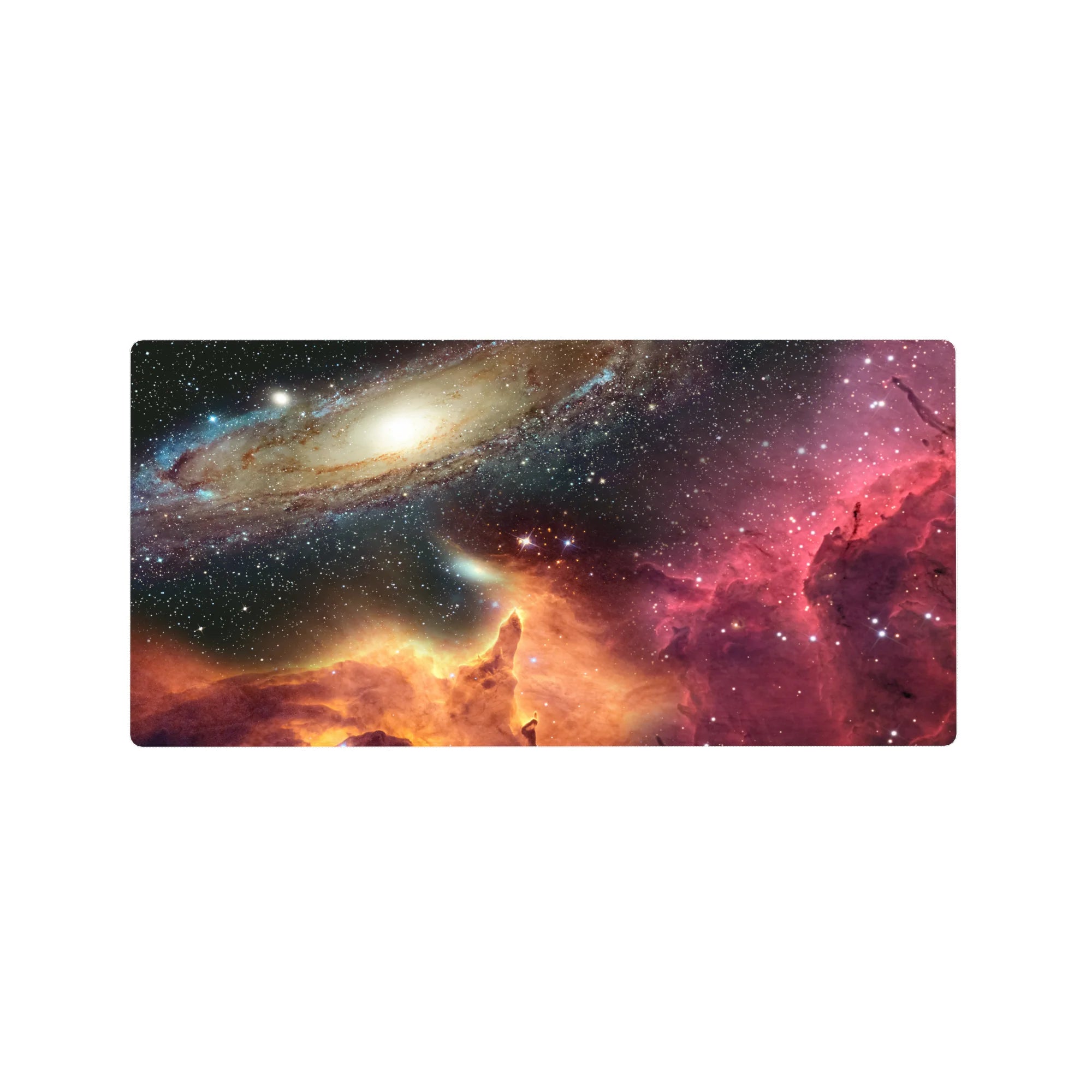 Cosmic spiral galaxy desk mouse pad, 32x16 inches, with nebula horizon glow and starry space backdrop.