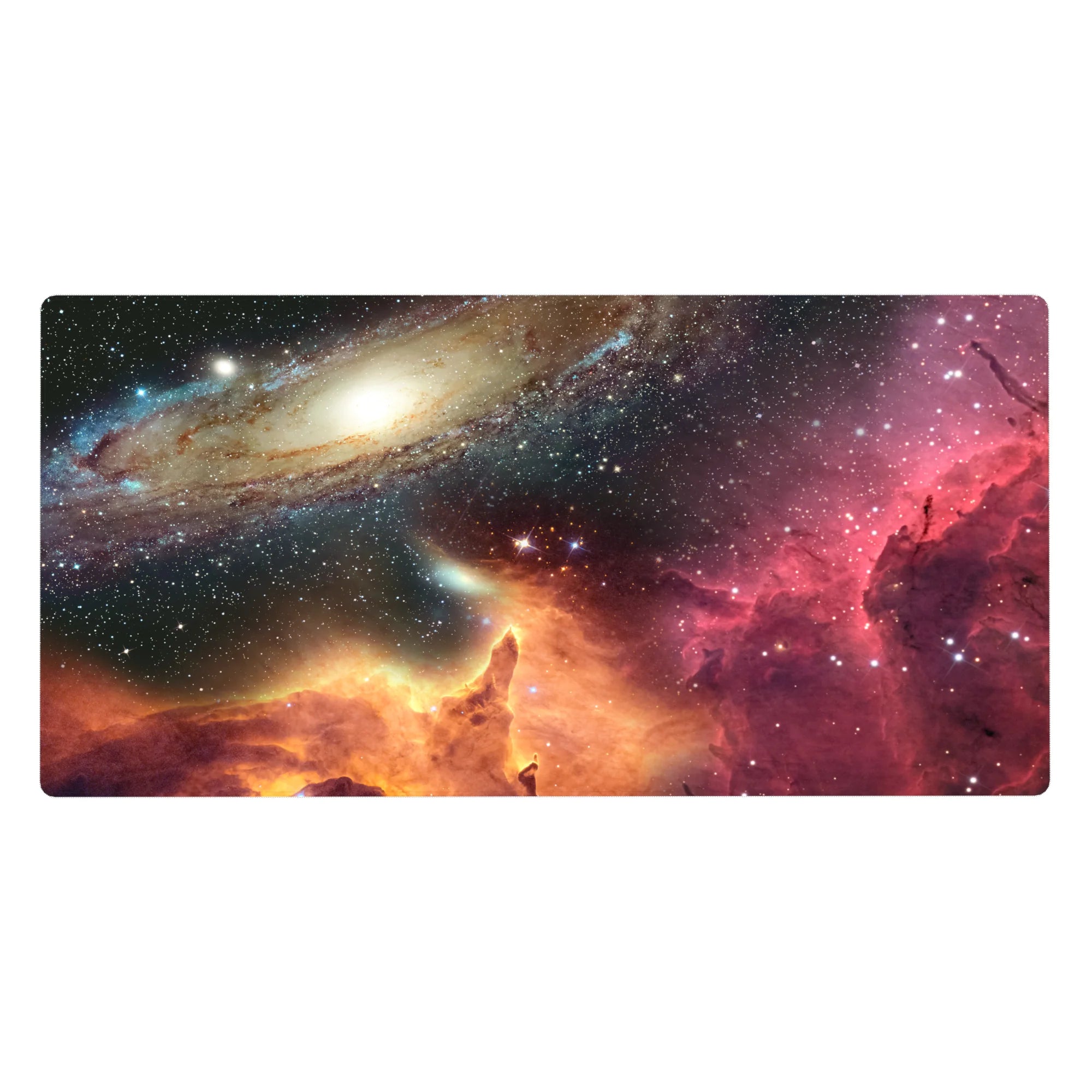 Galaxy swirl desk pad 40x20 inches with nebula horizon glow, starry space backdrop for keyboard and mouse.