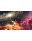 Galaxy swirl desk pad 40x20 inches with nebula horizon glow, starry space backdrop for keyboard and mouse.