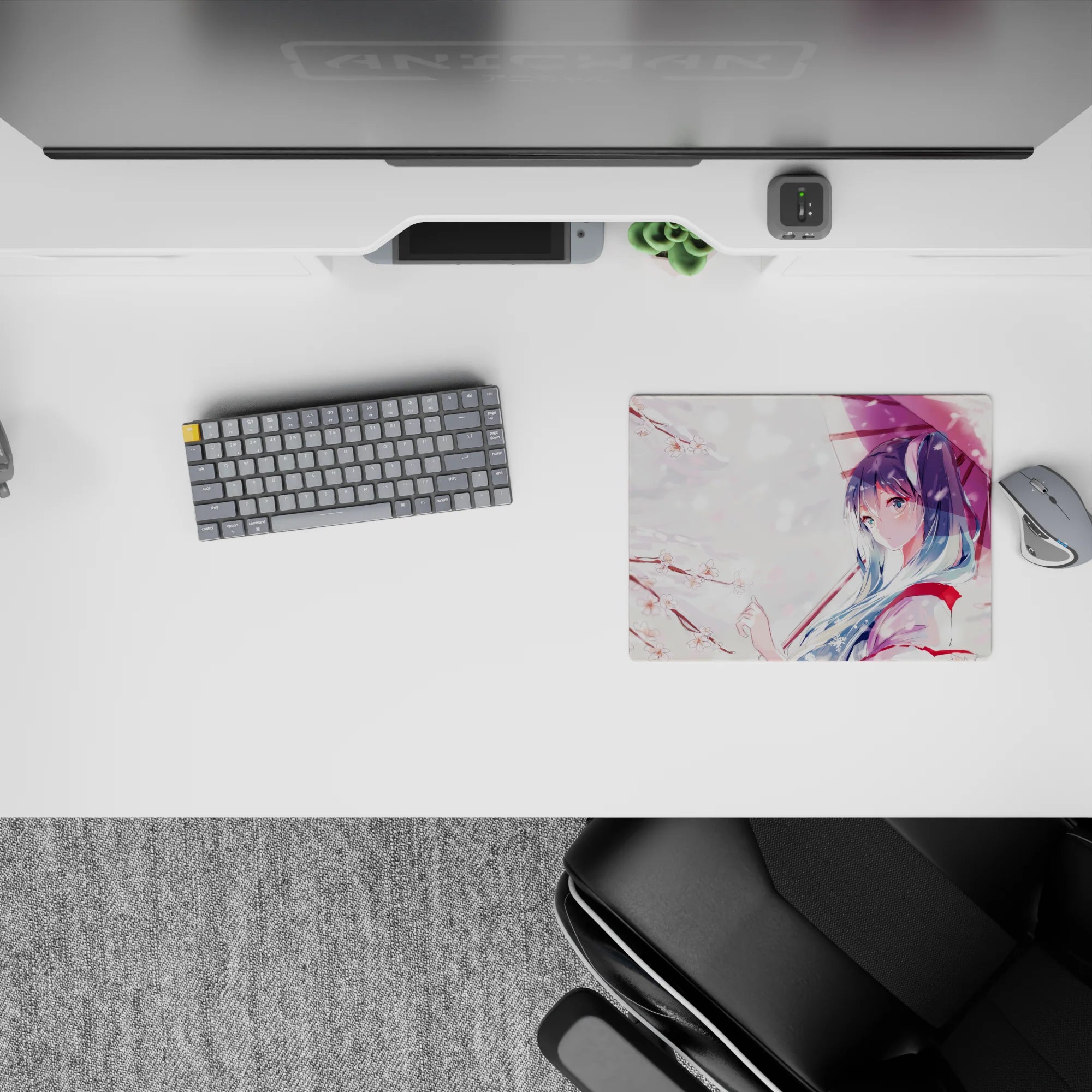 Soft pastel anime mouse pad 14x10 inches in pink and white, calming spring vibe with blush accents.