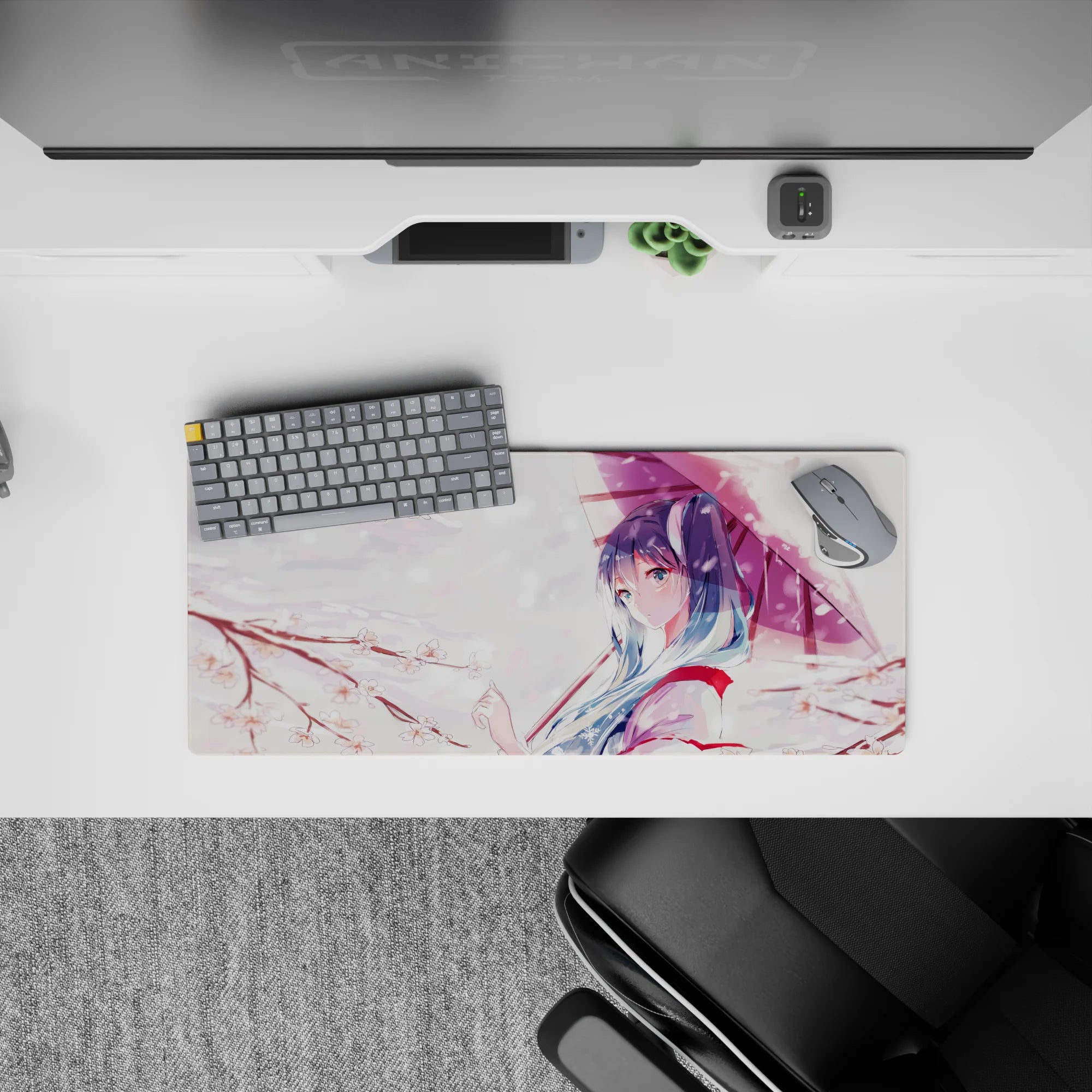 28x12 inches anime desk mouse pad in soft pinks and white, calming spring vibe with blush accents.