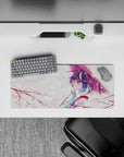 28x12 inches anime desk mouse pad in soft pinks and white, calming spring vibe with blush accents.