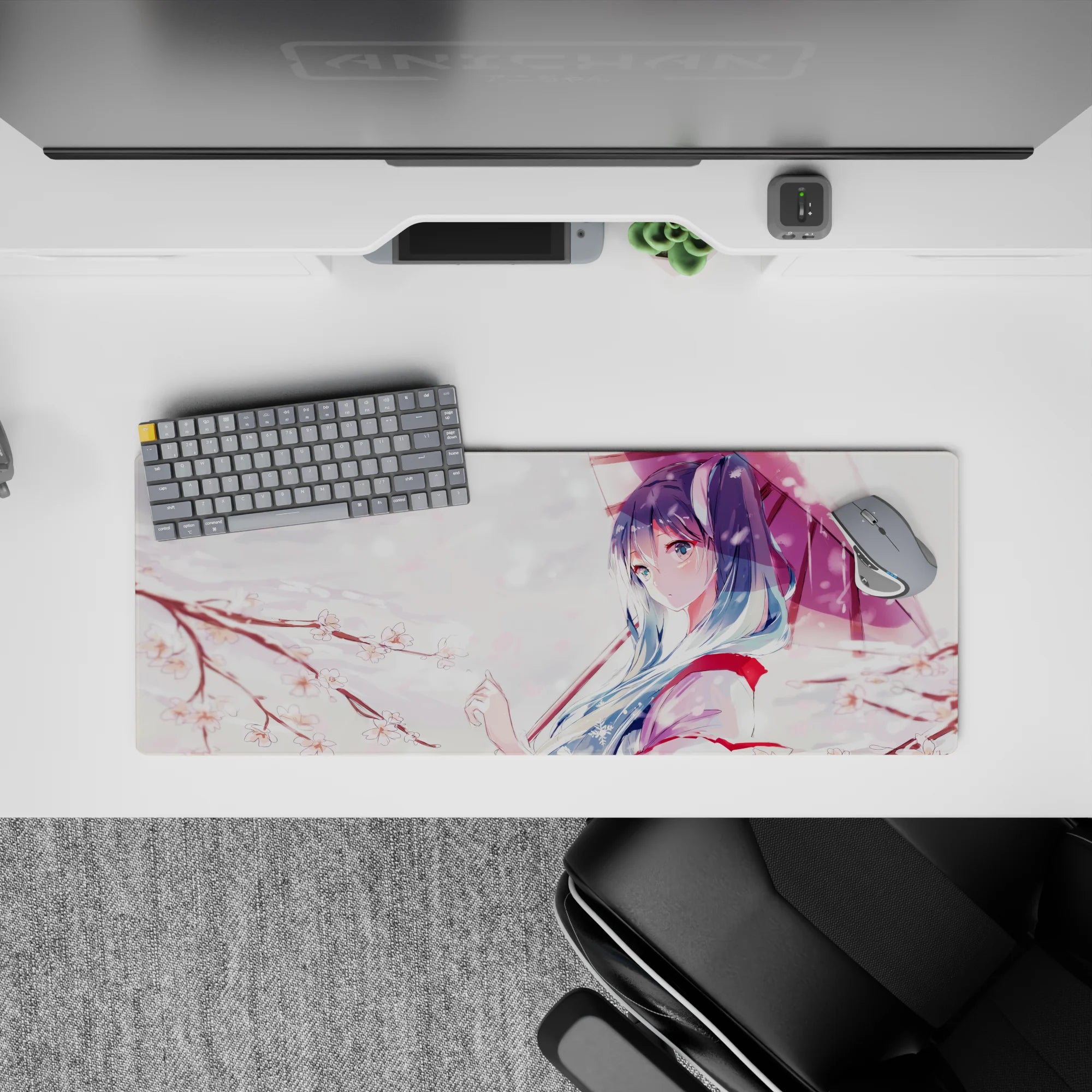 32x12 inches kawaii desk mat in soft pinks and whites, calming cherry blossom vibe with blush accents.