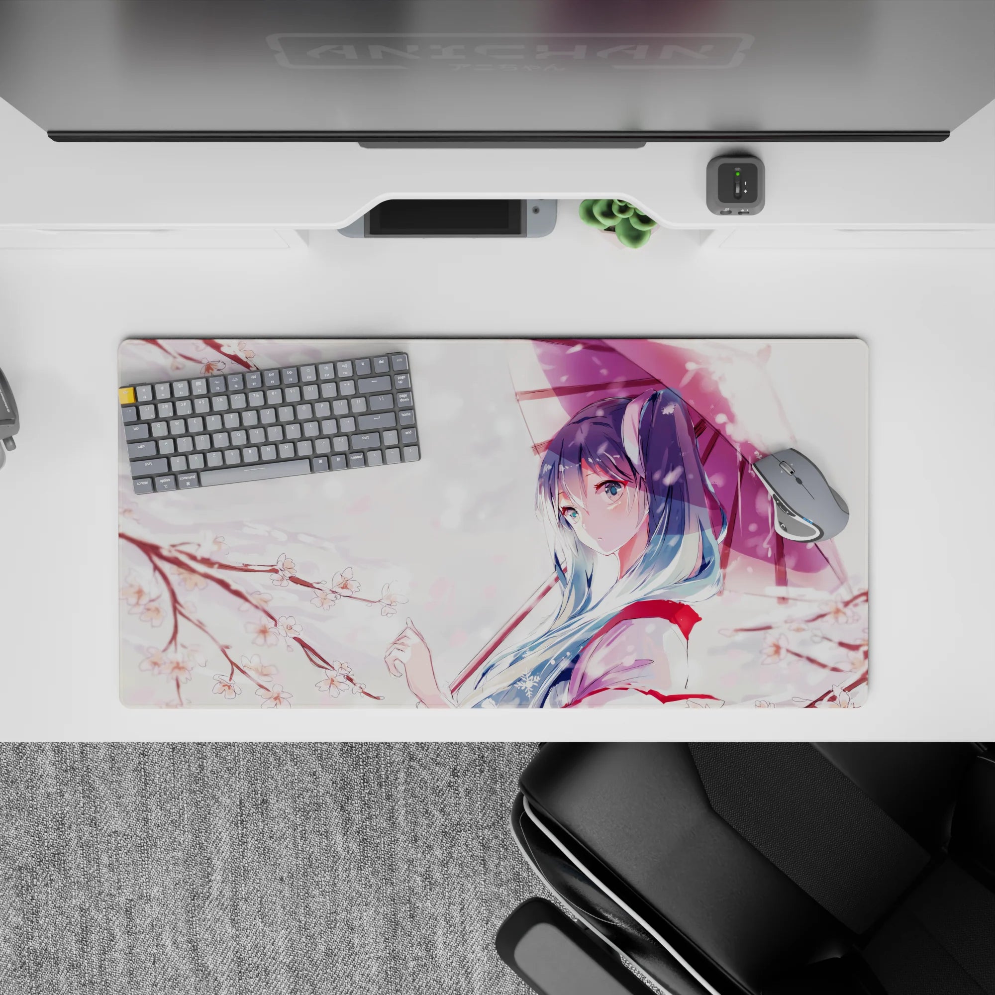 32x16 inches pastel anime mouse pad in soft pinks and mauve, calming spring vibe with blush highlights.